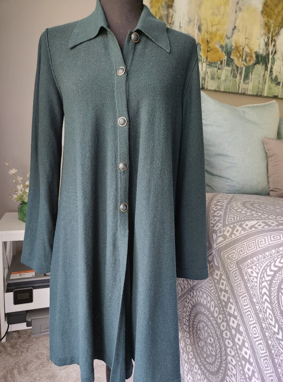 Vintage Sonia Rykiel Forest Green Long-Sleeve Button Front Cardigan Or Dress.